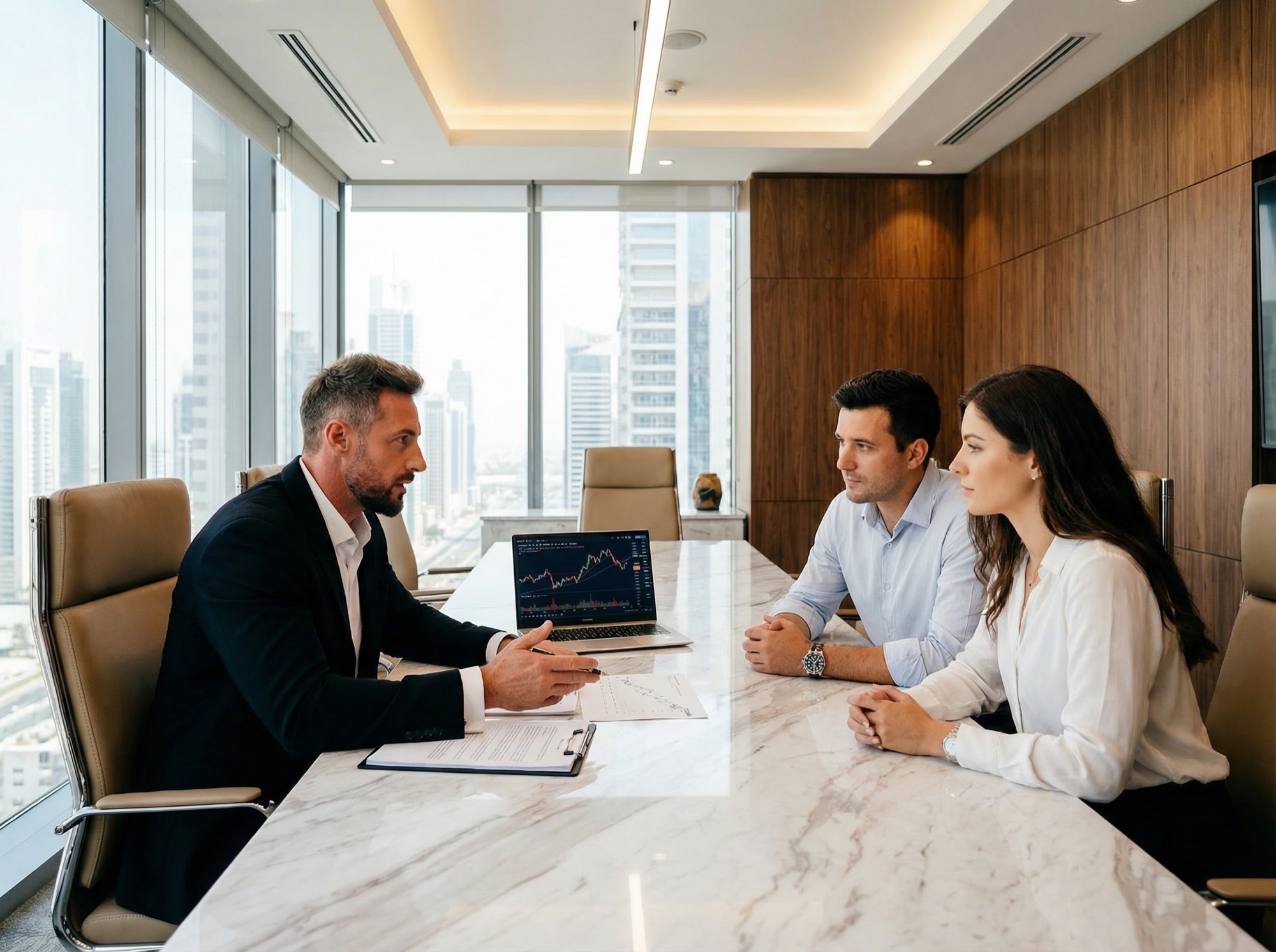 Mitchell's team negotiating a commercial property deal in a Dubai boardroom